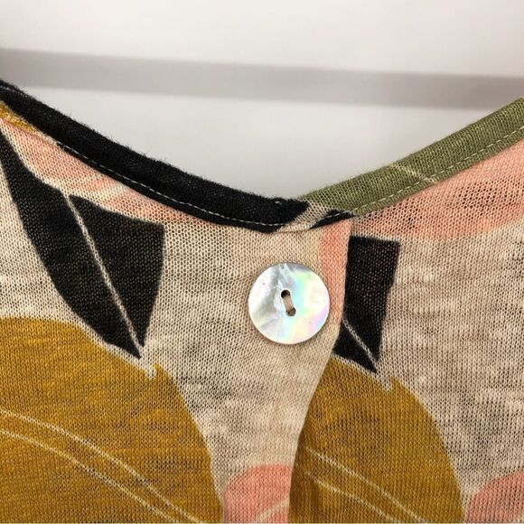 Rachel Zoe Linen Tee Womens XL Tropical Floral Island Leaf Hawaiian Button Back - Picture 5 of 8